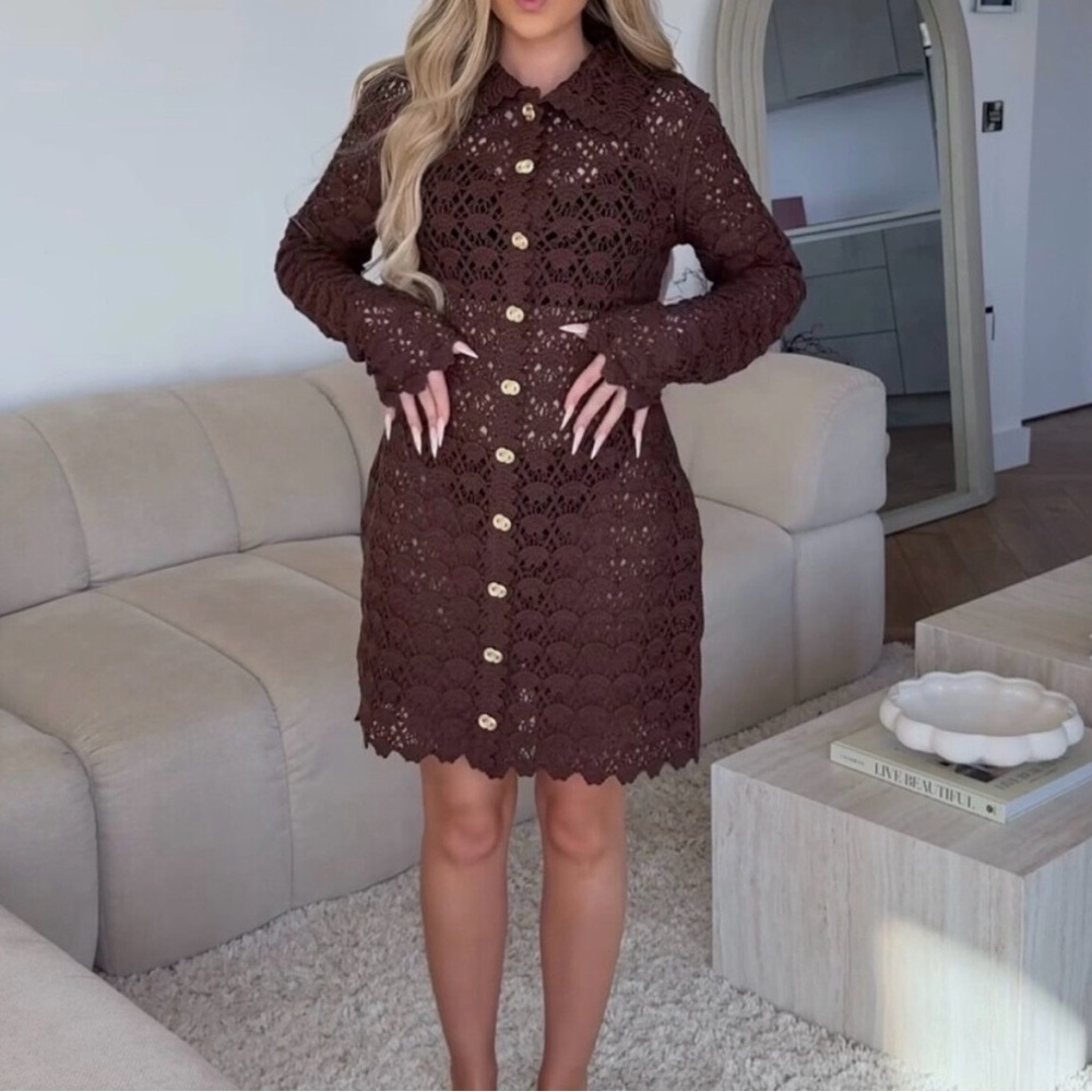 H&M DARK BROWN CROCHET-LOOK DRESS SIZE S - Picture 7 of 12